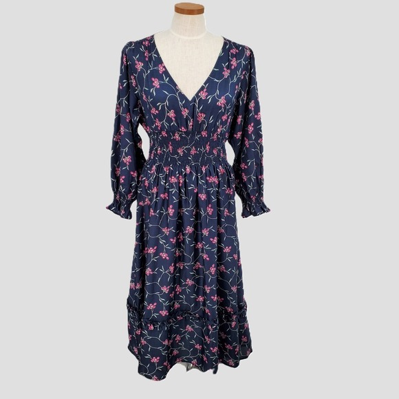 Outerknown Dresses & Skirts - Outerknown S Oceana Floral Smocked Waist Midi Dress Navy Blue Pink Long Sleeve